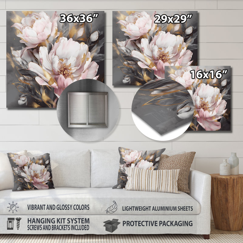 Pivoines roses grises élégantes II Pivoines grises roses élégantes II, H 16 po x l 16 po x P 1 po