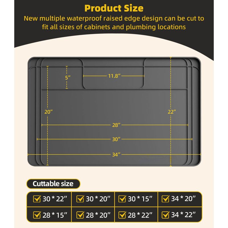 Under Sink Mats For Kitchen Waterproof, Cut To Fit Under Sink Drip Tray For Kitchen Bathroom Cabinets, Grey