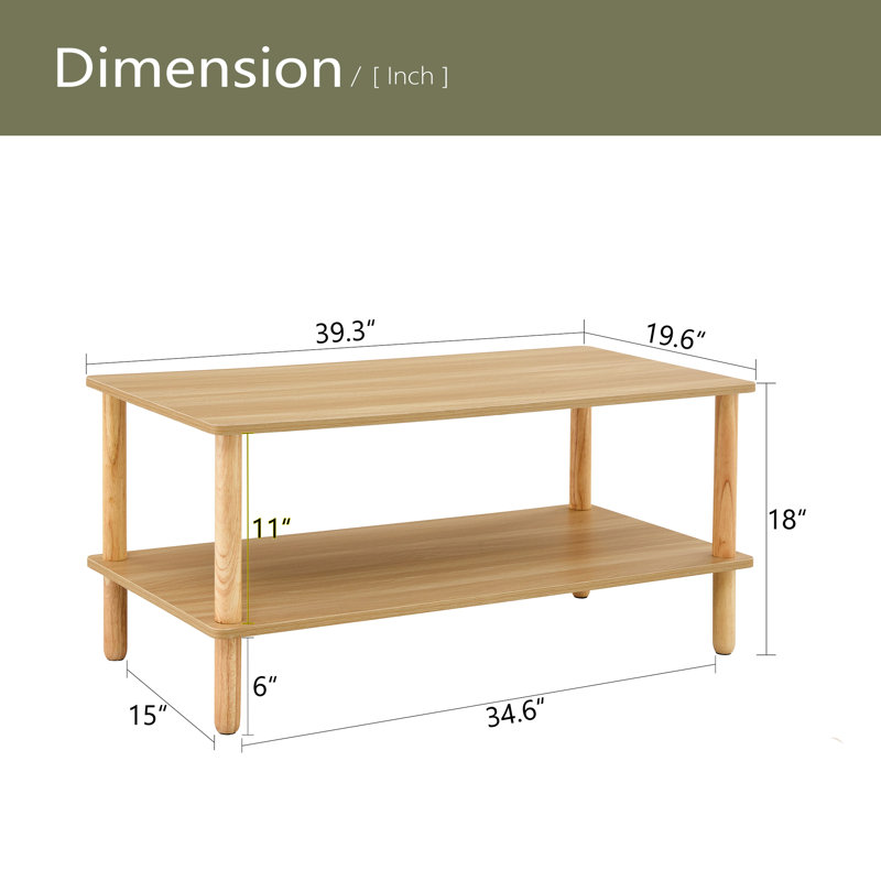 Table basse moderne à 2 niveaux pour meubles de salon, table centrale rectangulaire avec tablette de rangement ouverte, pieds arrondis en bois d'hévéa, stable et durable, assemblage facile