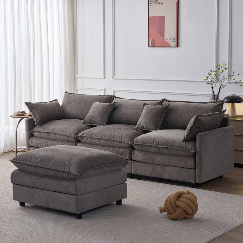 Canapé modulaire de 105 po en tissu de chenille rembourré de 105 po avec canapé à 3 places et repose-pieds, Gris chenille