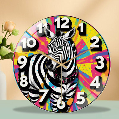 Colorful Zebra Wall Clock Art for Home Decor Art - 12'' Modern Glass Wall Clock