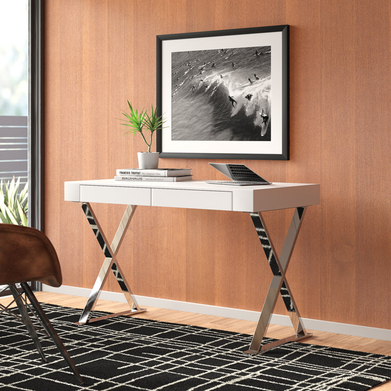 Alexa Contemporary White Lacquer Writing Desk with Polished Steel/Metal X-Base and 2 Drawers, White/Silver