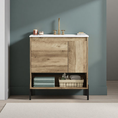 30" Modern Fixture Bathroom Vanity, Bathroom Cabinet With Sliding Drawer, Bathroom Storage Cabinet With Ceramic Basin Sink Top, Single Bathroom Vanities Cabinet With Doors And Open Shelf
