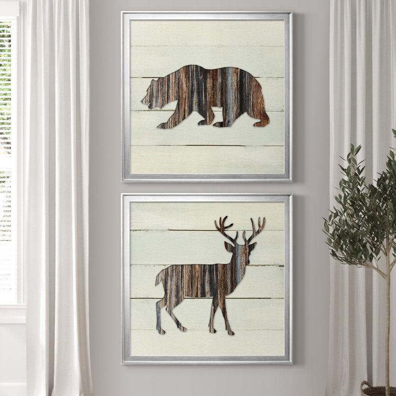Woodland Bear - ensemble de 2 reproductions d'impressions, Pas de tapis, Toile encadrée argentée