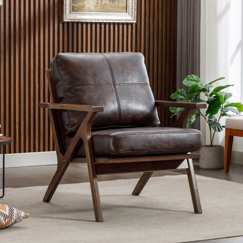 Jontavia 29.5" Wide Solid Wood Frame Upholstered Mid Century Armchair Accent Chair with Removable Cushions