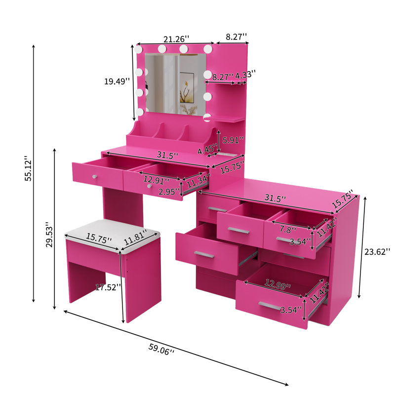 Ensemble de coiffeuse de maquillage rose foncé avec lumières, prise USB et 9 tiroirs, Rose foncé