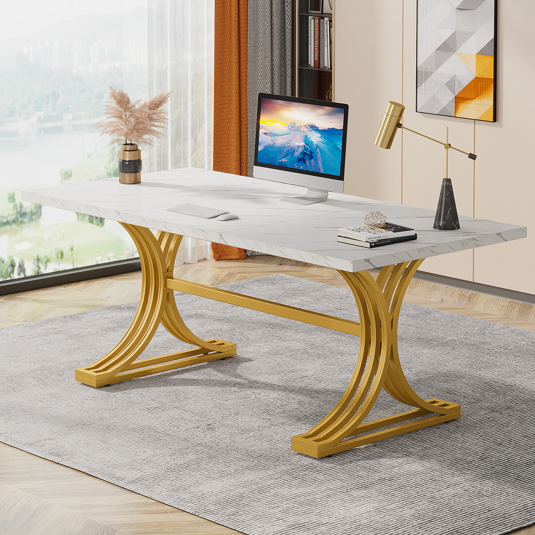 63 Rectangular Modern Home Office Desk with Solid Wood Table Top & Gold Frame