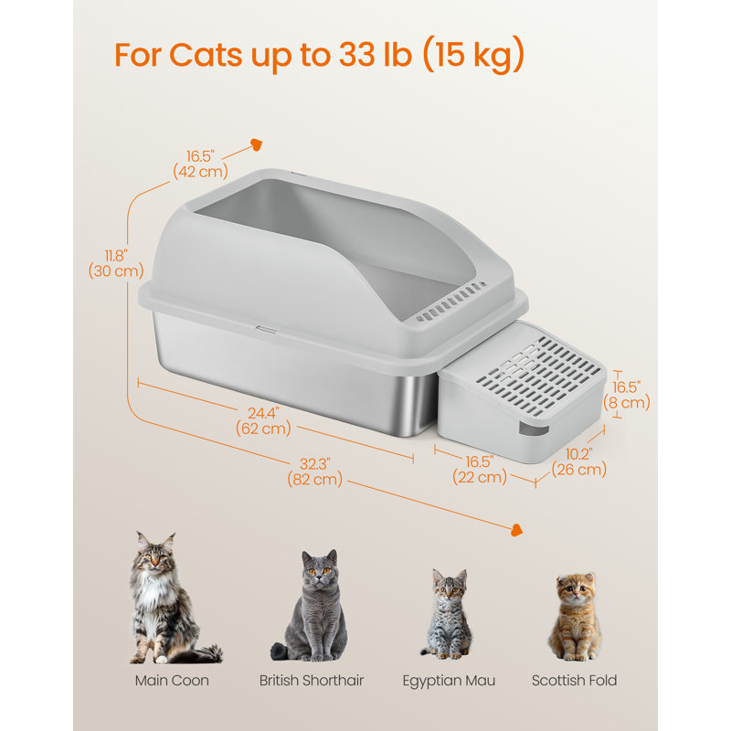 Paquet de 2 bacs à litière en acier inoxydable pour chat avec couvercle ouvert, bacs à litière haut de gamme avec marche, pelle, brosse, pour chats jusqu'à 33 lb