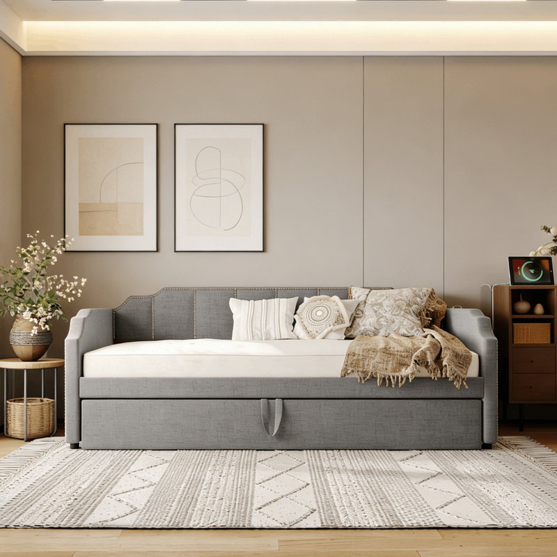 Twin Tufted Upholstered Daybed With Trundle And Usb Ports, Gray