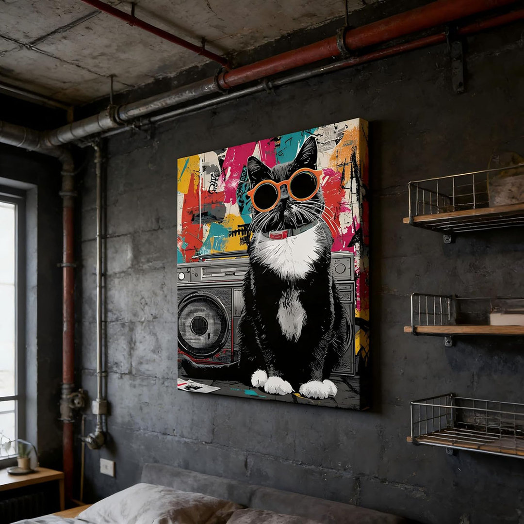 Canvas Wall Art Framed Funny Black Cat Graffiti Retro 80S Hip Hop Vibrant Colorful Cool Whimsical Textured Animal Vintage Wall Decor For Teen Boy Bedr
