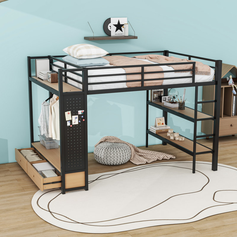 Lit mezzanine en métal avec 2 tiroirs et tablettes, Grand