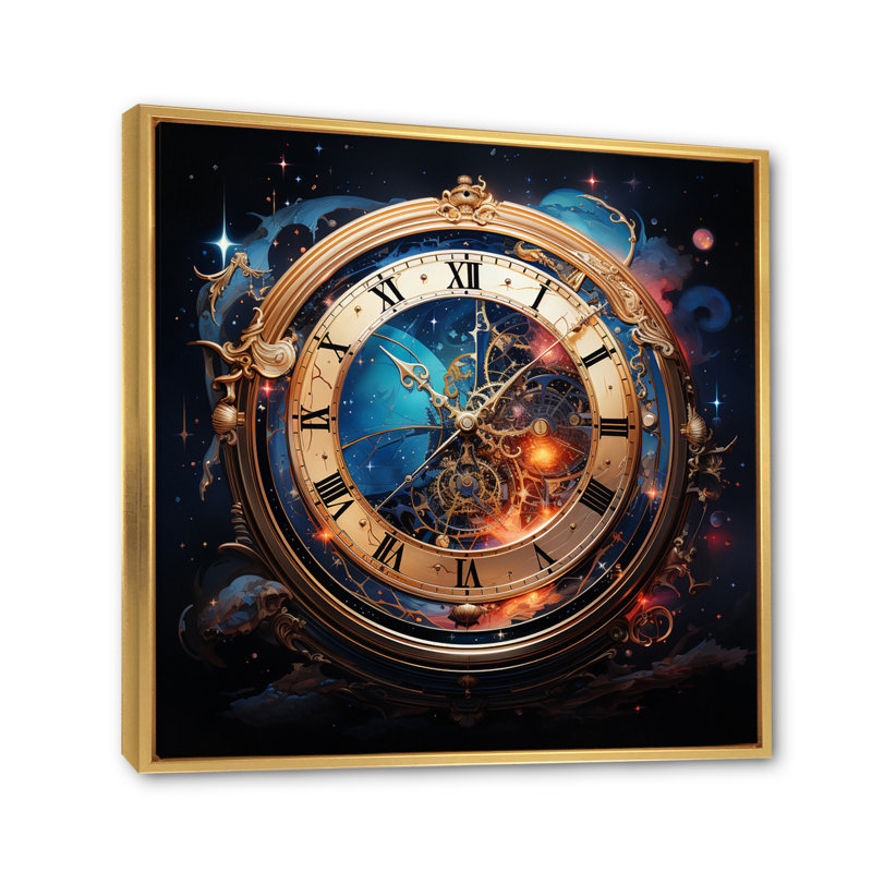 Horloge métaphysique sur toile, Cadre flottant doré, H 36 po x l 36 po x P 1,5 po