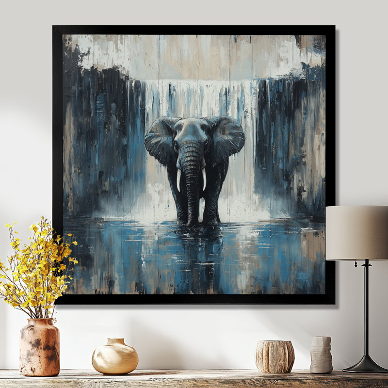 Halloway, éléphant monochrome et la chute d'eau I - éléphant, art mural, H 16 po x l 16 po, Noir
