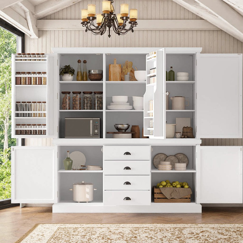 Garde-manger autoportant en bois de pin avec tiroirs et tablettes réglables, Blanc