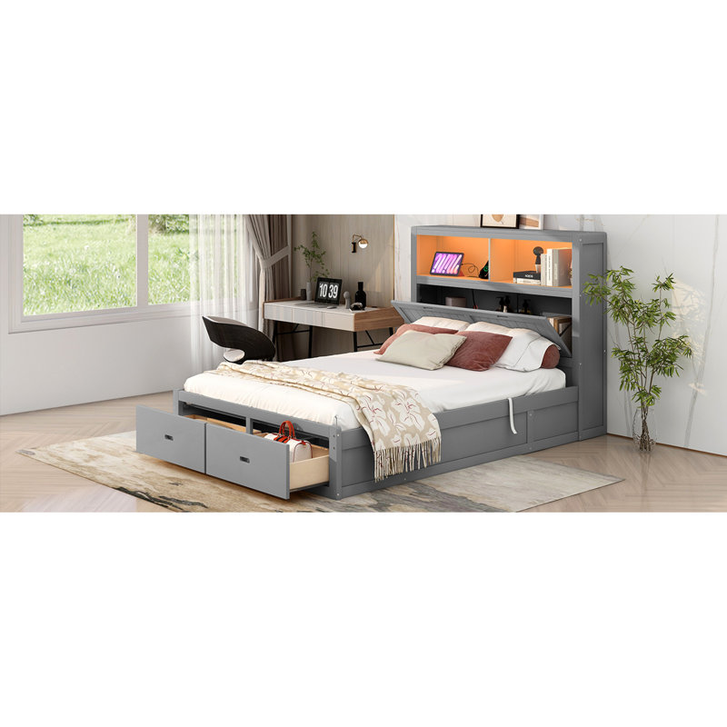 Wood Hydraulic Platform Bed With Storage Led Headboard, Queen, Gray