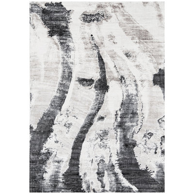 Tapis rectangulaire gris / blanc en laine / soie noué à la main