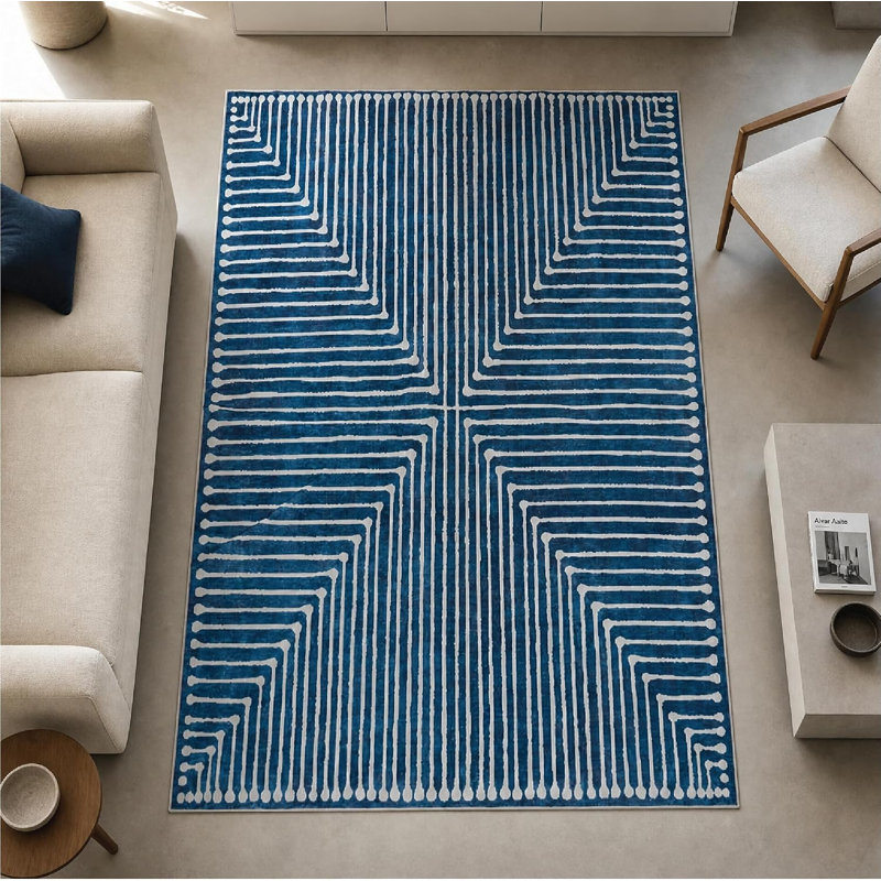 GLN Rugs Contemporary Collection - Machine Washable Modern Area Rug, Contemporary Washable Rug, Non Slip Area Rug, Abstract Living Room Rug, Bedroom Rug, Bathroom Rug (Blue Rug)