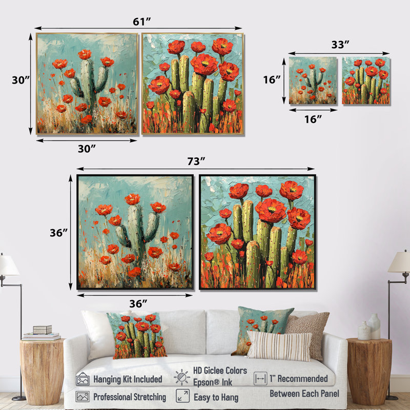 Cactus et fleurs du désert I - Art mural floral cactus - décoration murale traditionnelle 2 pièces, Cadre flottant, Gold