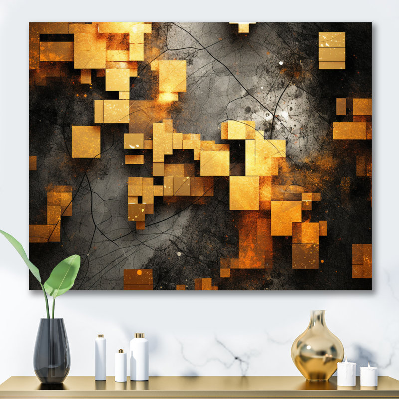 Gold And Black Cubist Visions V, 34" H x 44" W x 1.5" D, Wrapped Canvas