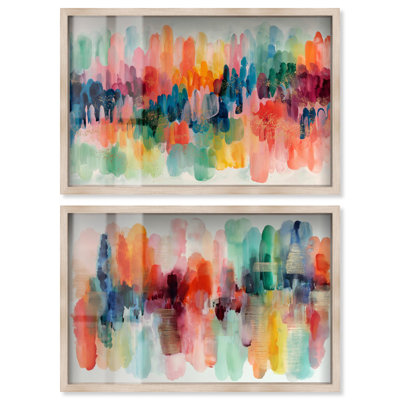 Ensemble de 2 salles de bain bleu sarcelle et corail Coastal Energy Shadowbox par Art Remedy, cadre blond, 37 x 25