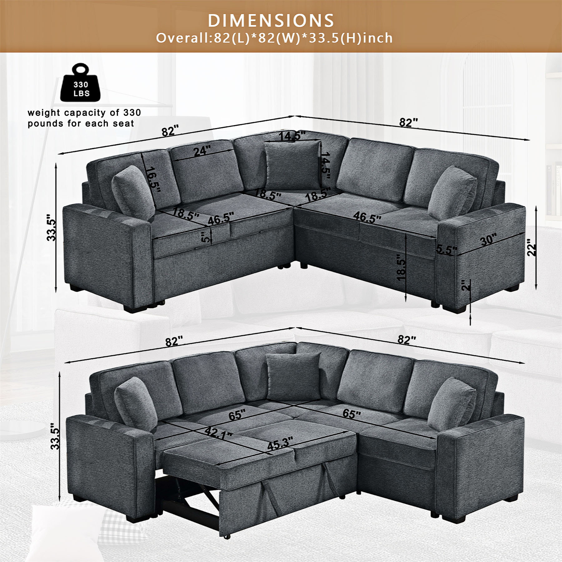 Hokku Designs Modular Sectional Sofa with Pullout Sleeper for Living ...