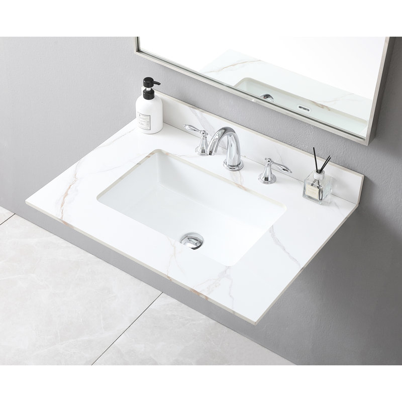 Dessus de meuble-lavabo de luxe or 31 pouces, pierre frittée, évier en céramique, dosseret, excellent évier et conception remarquable