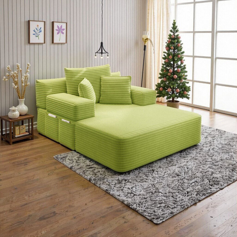 Chaise longue convertible Resta en velours côtelé duveteux avec poches de rangement et 3 coussins, Vert