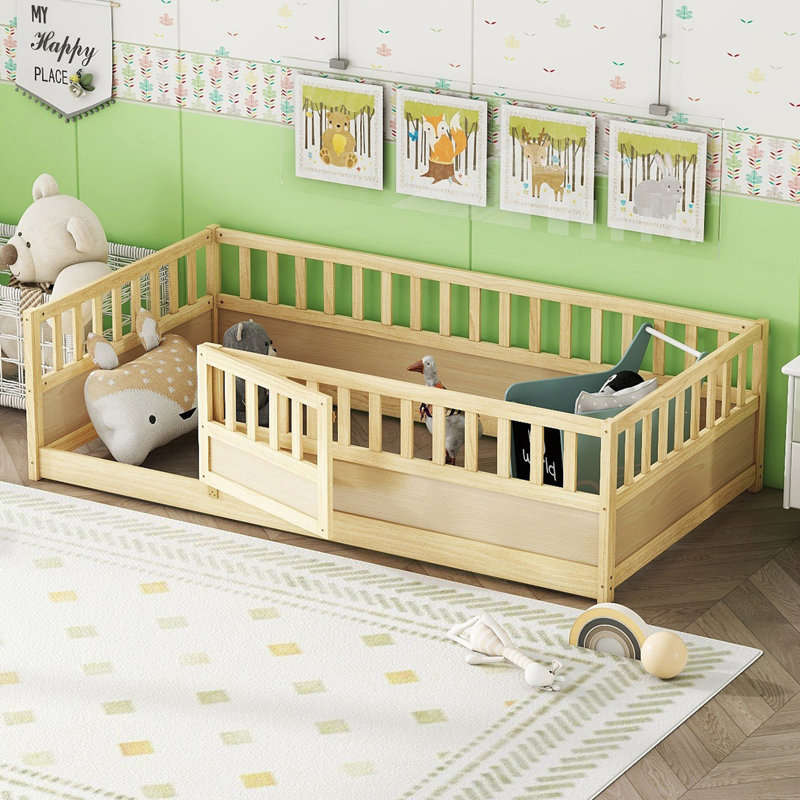 Lit de plancher, fabrication intégrale avec barrière de sécurité ultra haute, Lit simple, Brun