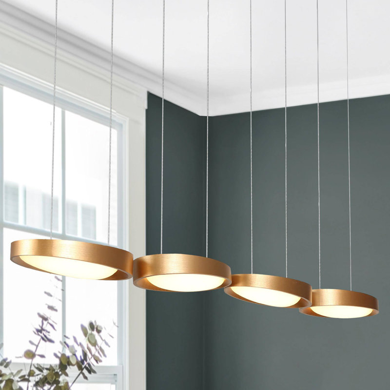Luminaire suspendu linéaire moderne à 4 lumières DEL au fini or foncé, Quatre lumières