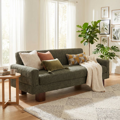 Modern Loveseat Sofa, Boucle Fabric Biscuit Back Design, Square Arms, Single Cushion Seat, Upholstered 2-Seater Couch for Living Room, Bedroom, Apartment, Walnut Rubber Wood Legs