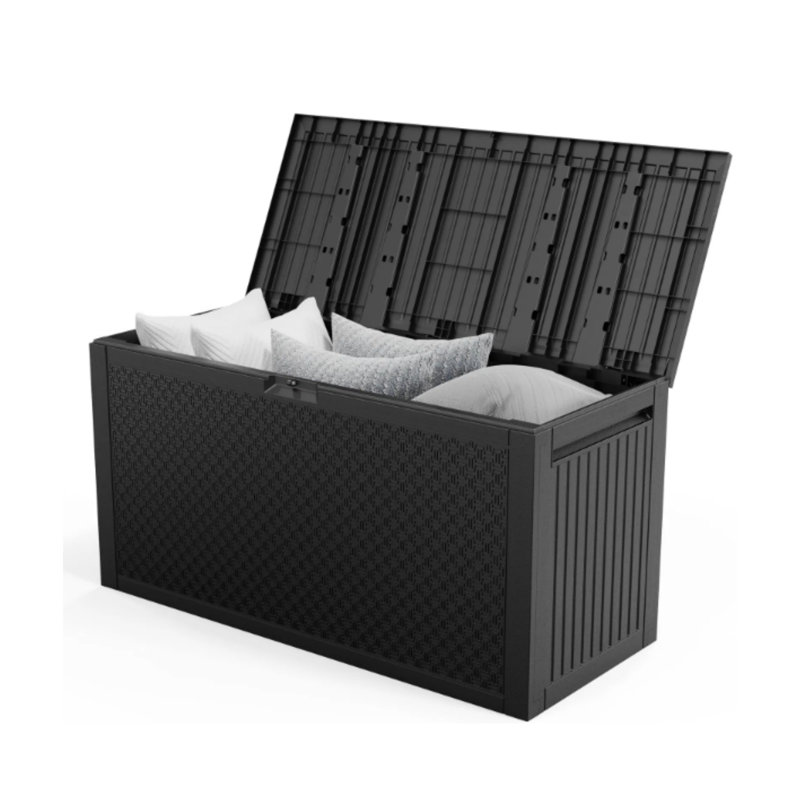 Boîte de rangement pour terrasse extérieure en plastique noir 90 gallons avec texture de labyrinthe pour les outils de jardin, les tapis, les fournitures de piscine et l'organisation de la cour