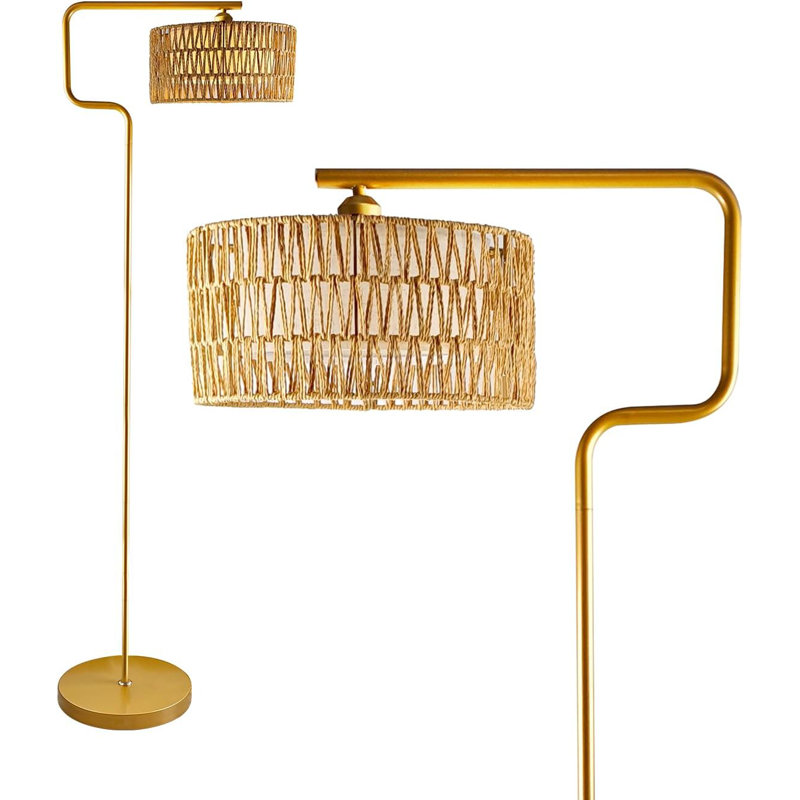 62-Inch Rattan Floor Lamp With Double Shades, Arc Standing Lamp For Living Room, Bedroom, And Office, Foot Switch, Sturdy Base, Easy Assembly