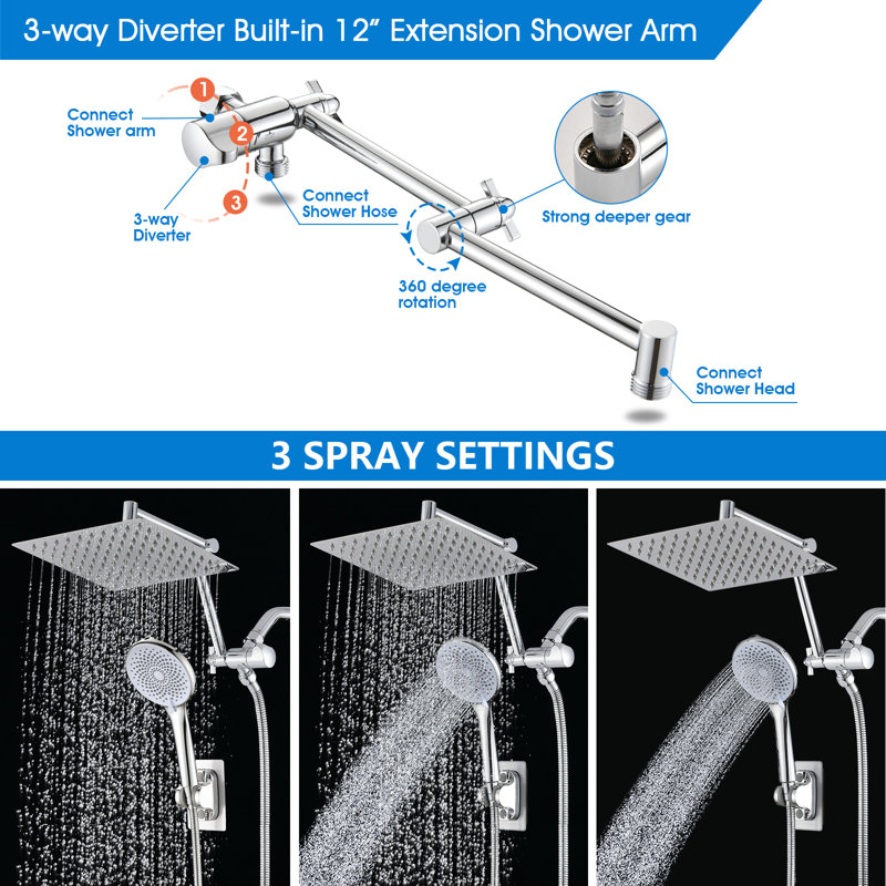 12" Adjustable Shower System With 8" Rainfall Shower Head And 4-function Handheld, 304 Stainless Steel, With Brass 3-way Diverter