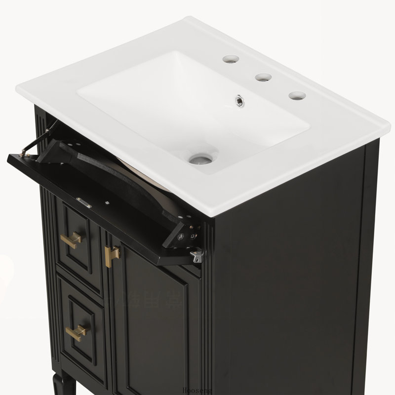 Meuble-lavabo autoportant de 24 po avec comptoir d'évier, armoire en bois massif et panneau de fibres à densité moyenne avec 1 tiroir rabattable, 2 tiroirs standard et tablette réglable, noir