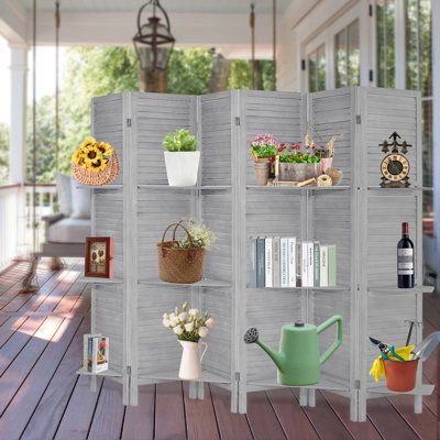 Genoveva 6 Panels Wood Room Divider with Shelves Folding Privacy Screen Partition Wall for Home Office