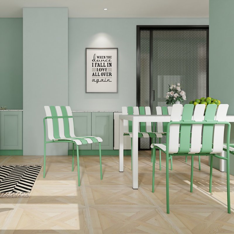 Alen Outdoor Striped Color Block Dining Chairs with PP Seats, White/Green