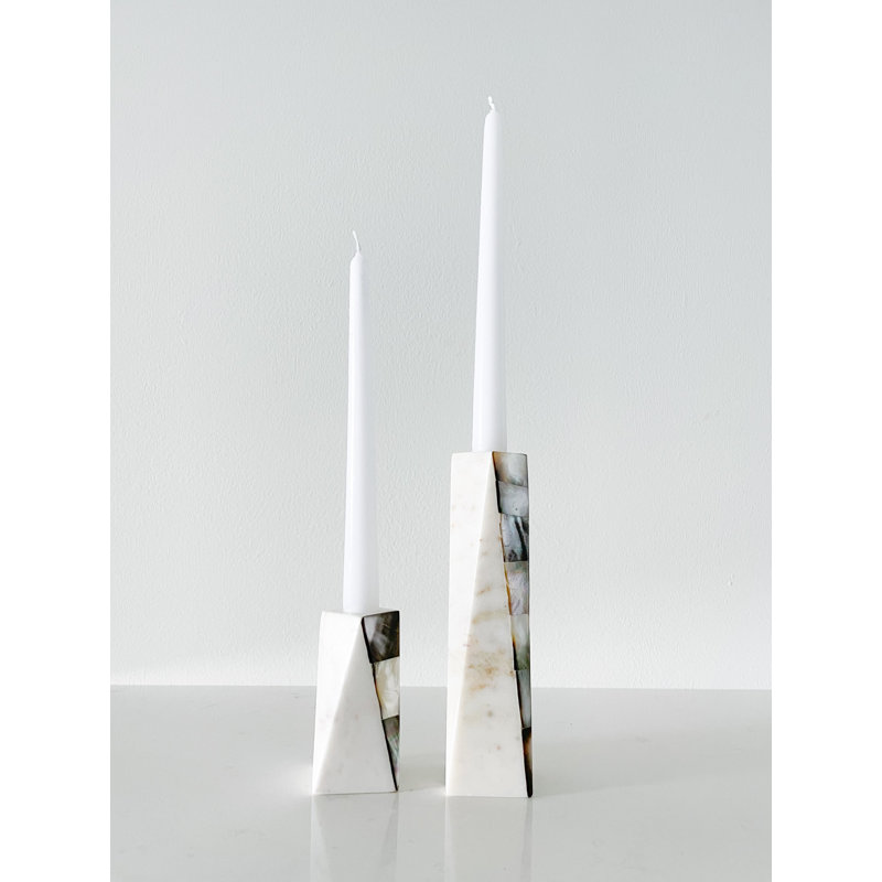 Mother Of Pearl Marble Candlestick, 8" H x 2" W x 2" D