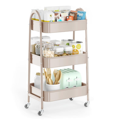 3 Tier Utility Rolling Cart, Metal Storage Cart with Handle and Lockable Wheels, Multifunctional Storage Organizer Trolley with Mesh Baskets for Kitchen, Living Room, Office, Garage (Beige)