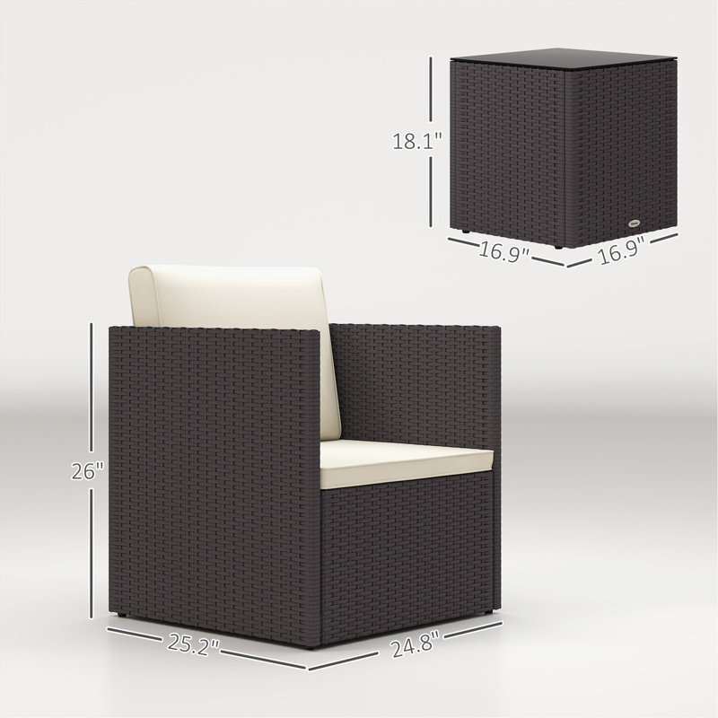 Ensemble de mobilier de patio 3 pièces, ensemble de bistro pliant en osier avec coussins et table basse en verre, facile à assembler pour la véranda, balcon, brun