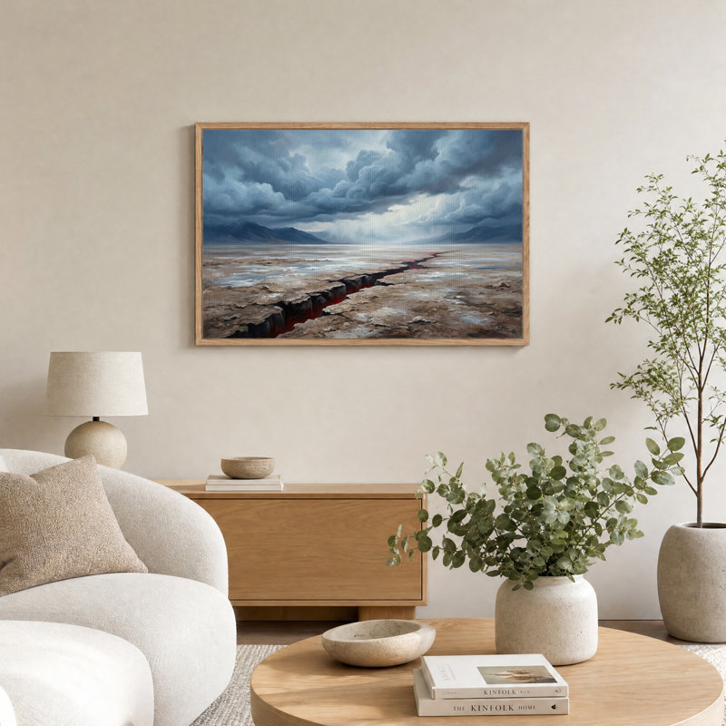 Faille volcanique dans un paysage aride sous des nuages ​​​​sombres - Tableau sur toile, H 32 po x l 48 po