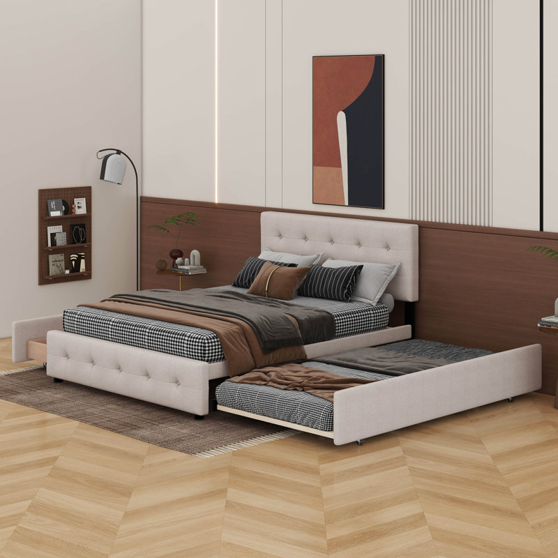 Grand lit plateforme tapissier avec 2 tiroirs et un lit gigogne, Beige foncé