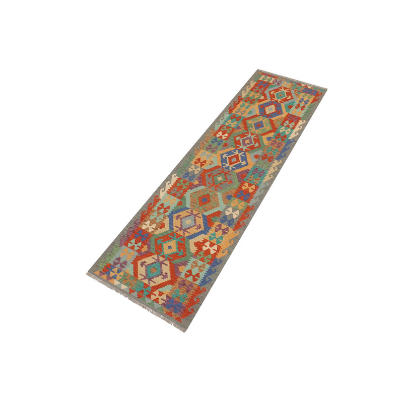 Tapis de couloir géométrique en laine noué à la main à motif géométrique de 2 pi 9 po x 9 pi 6 po céporah rouille / gris / vert