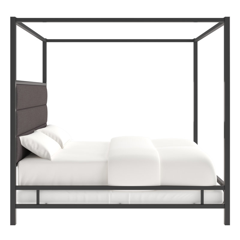 Pettaway Upholstered Metal Canopy Bed, Black Nickel/Dark Gray, Queen