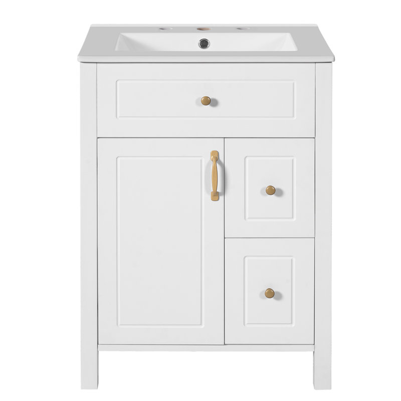 Meuble-lavabo de 24 po avec lavabo encastré en céramique, 1 porte à fermeture douce, tiroirs et poignées élégantes en aluminium avec portes, tablettes doubles sur une surface facile à nettoyer