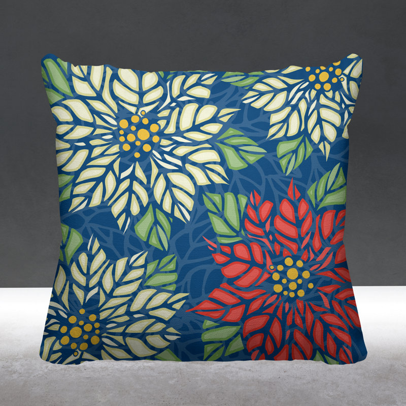 Coussin décoratif intérieur / extérieur Christmas Poinsettia, L 15 po x H 15 po, Bleu céruléen