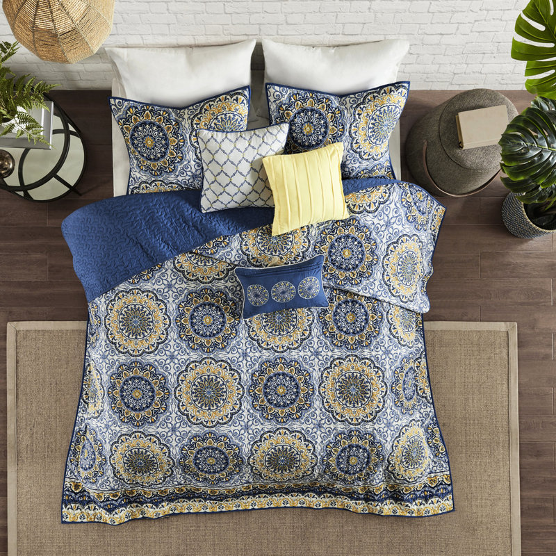 Courtepointe réversible avec coussins décoratifs - Motif médaillon lavable 100% microfibre lavable, Bleu