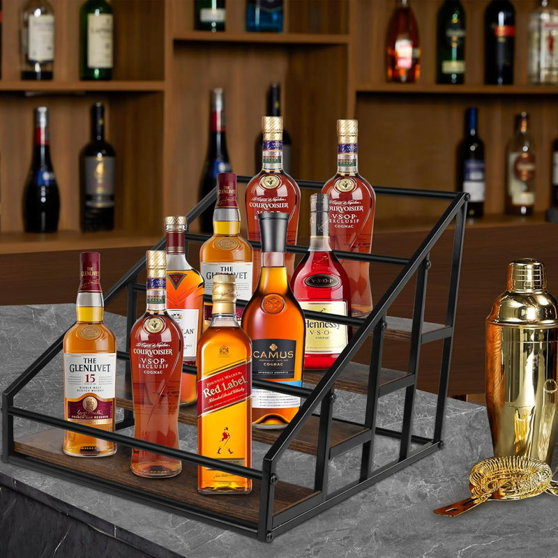 4-Tier Coffee Syrup Rack Organizer For Liquor Bottles, Spices, And Kitchen Condiments - Durable Metal Frame With Rustic Wood Base - Space-Saving Design Holds 16 Bottles