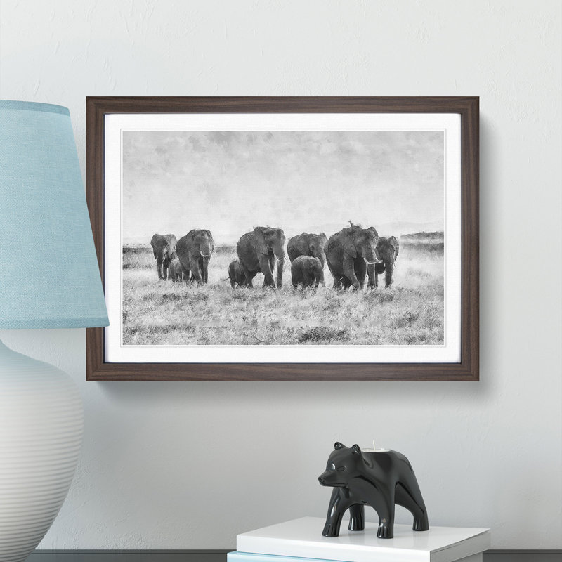 Herd of Elephants Roaming - Framed Print, Walnut Framed, 45cm H x 63cm W x 2cm D