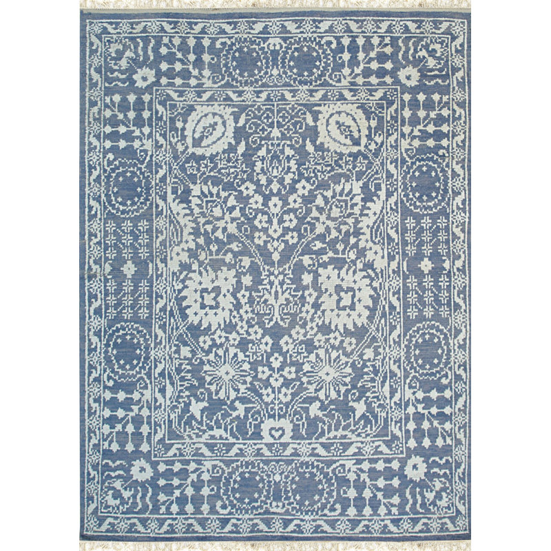 Blue Hand-Knotted Wool Bamboo Silk Framed Floral Garden Geometric Modern Contemporary Carpet Rug, 10' x 14'