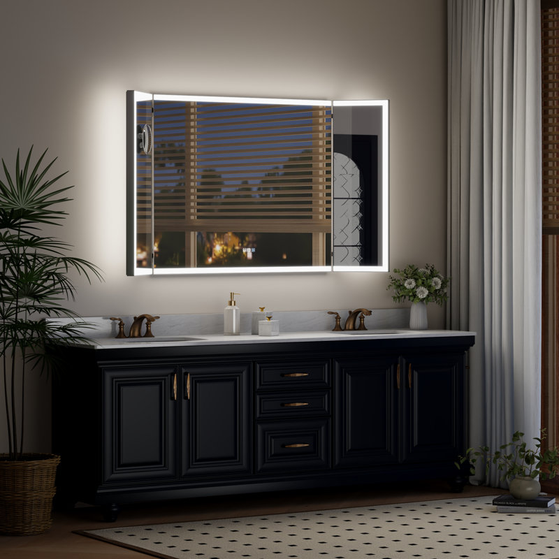 TriFold LED LED Bathroom Mirror, Front & Back Lighting, with Movable 10X Magnifying Mirror, 36" x 66"